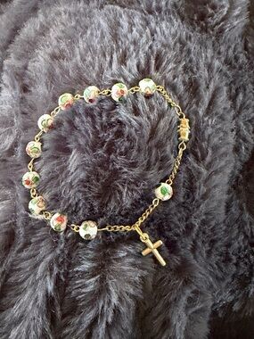 Gold-Tone Rosary Bead Bracelet with Floral Cloisonné Beads